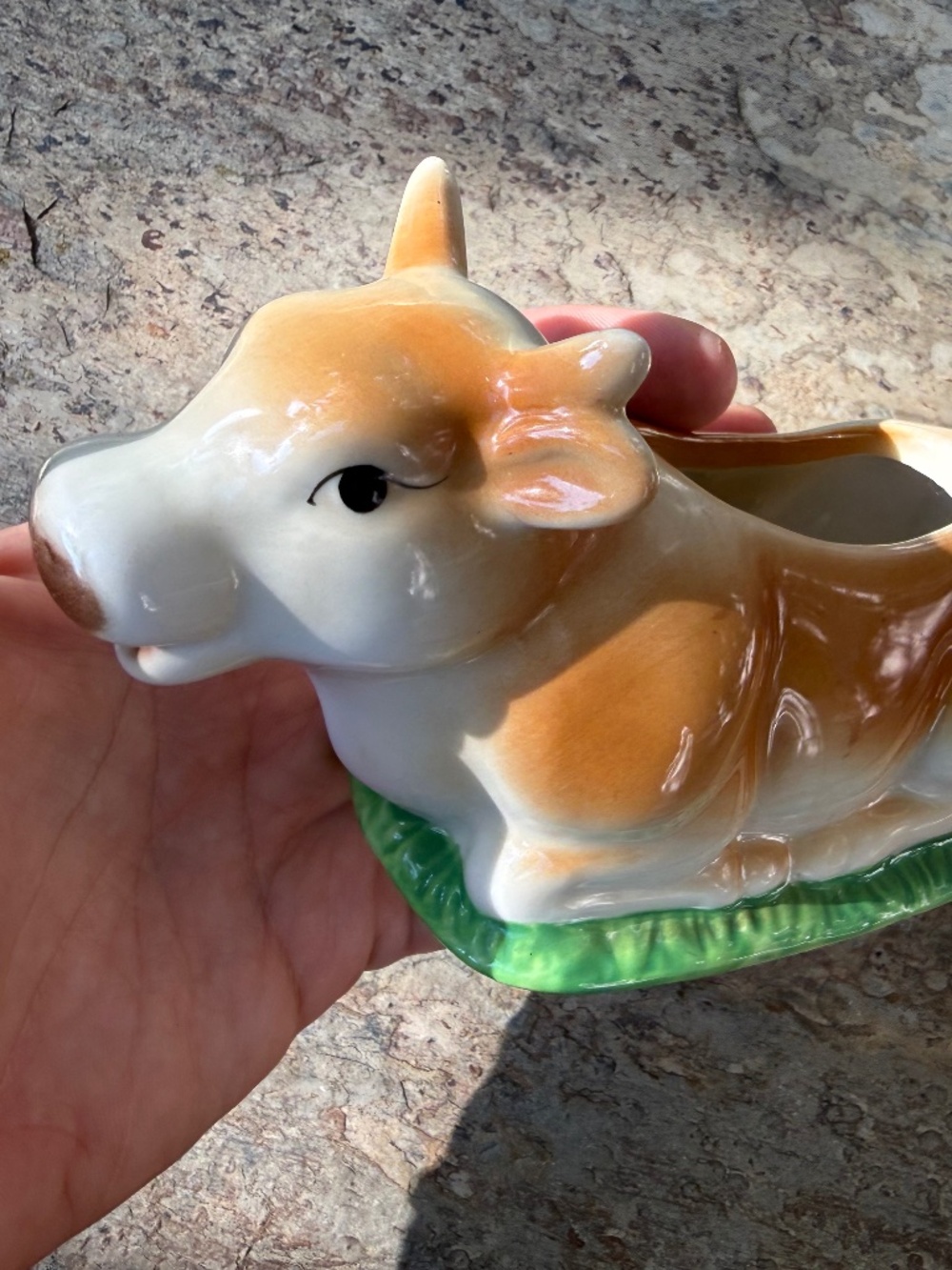 Vintage Brown & White Laying In Grass Jersey Cow Creamer Or Decor Mid Century.